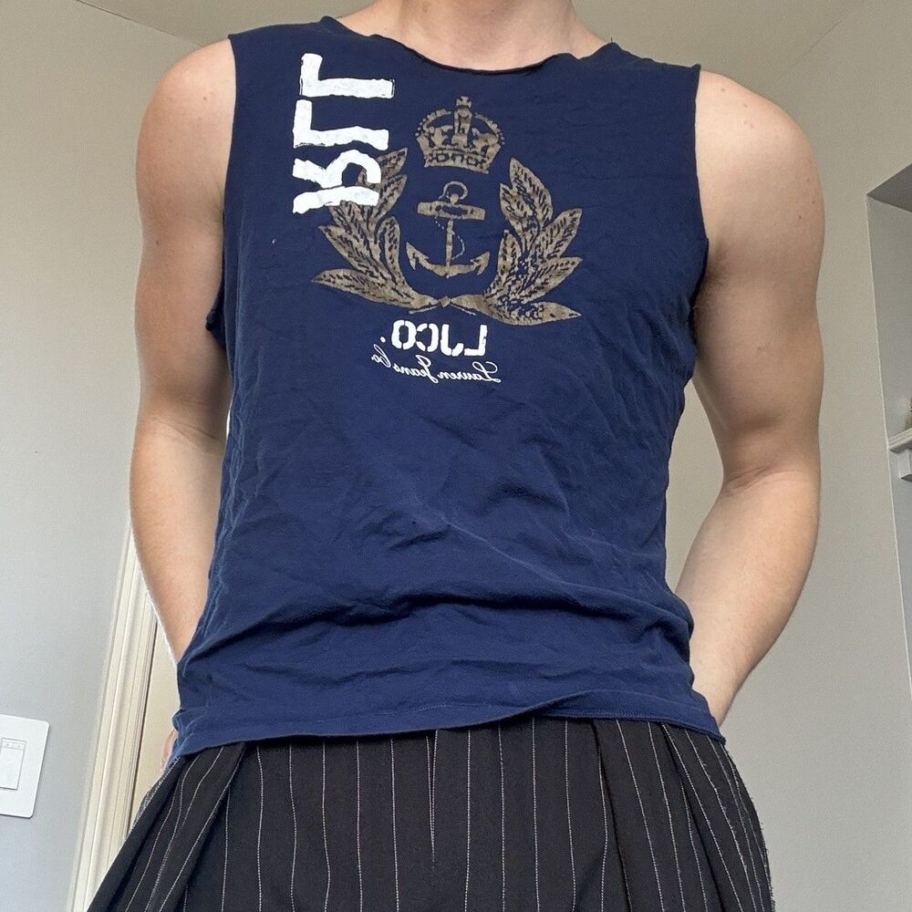 Vintage Ralph Lauren Navy Blue Graphic Cut-Off Sleeveless Tank Men's M